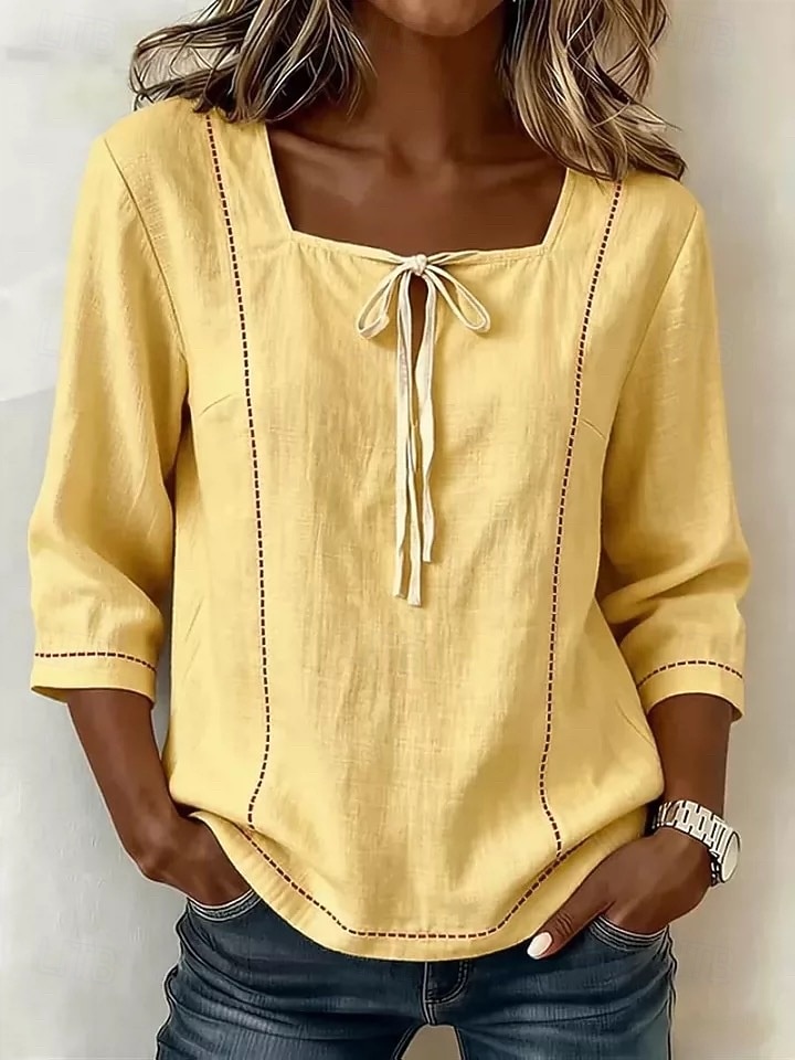 Damen Hemd Bluse Einfach Gestreift Stilvoll Klassisch Modern Dreiviertelarm Quadrathals Lange Oberteile Lässig Täglich Strand Weiß Gelb Marineblau Himmelblau Aprikose Sommer Frühling 2026 - $12.99 –P8