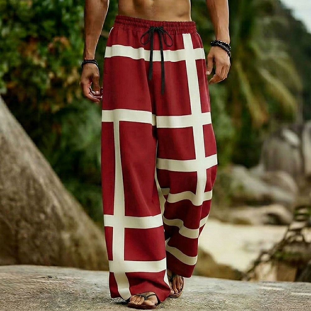 Men's Geometric Color-blocking Trousers Casual Pants Baggy Pants Mid Waist Boho Home Outdoor Vacation Elastic Drawstring Waist Linen-Like Pants with Pockets Summer Spring 3D Print Black Red Green 2026 - $27.99 –P4