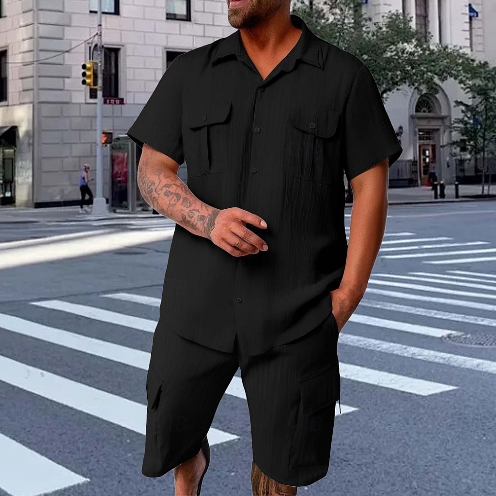 2026年 男性用 スタイル ２個 シャツセット そして ショーツ ビーチショーツ 設定 平織り カジュアル 日常 アウトドア 折襟 半袖 夏 ファッション カジュアル 快適 衣類  コレクション – $39.99 –P4