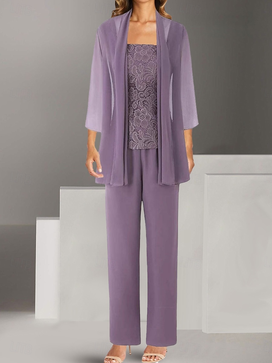 Conjunto de pantalón vestido largo madre de la novia Manga larga Escote joya Elegante Simple invitada de boda con color sólido 2026 - $160.99 –P12