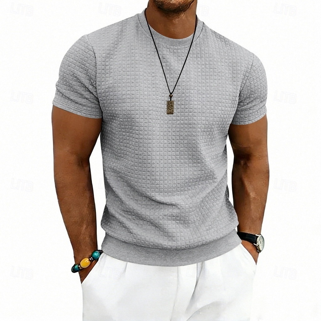 Herre Vaffel T-skjorte T skjorte Kortermet skjorte T-skjorte Kortermet Crew-hals Sommer Vår Helfarge Gatemote Stilfull Sportslig Jacquard Daglig utendørs Feriereise Hvit Svart Mørkegrå Topp T-skjorte 2026 - $20.99 –P6