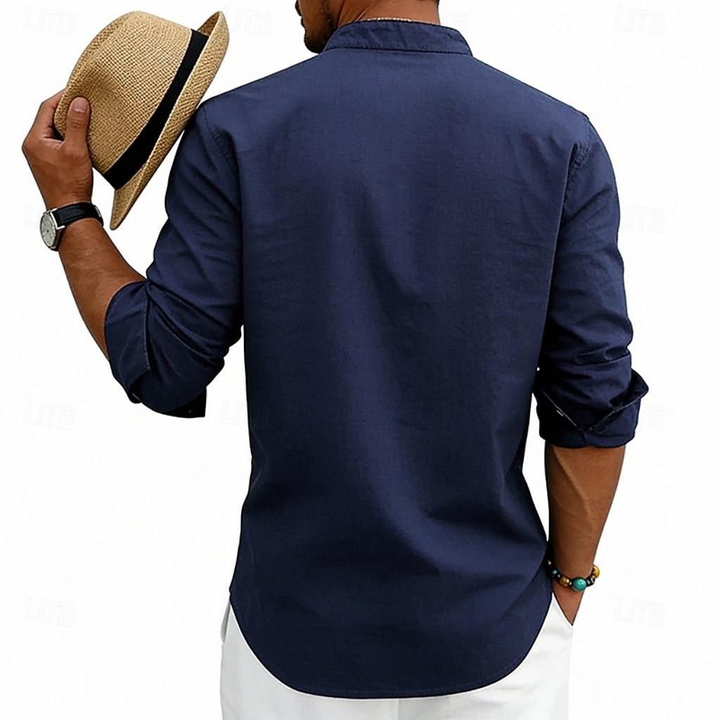Men's Shirt Linen Shirt Popover Shirt Summer Shirt Beach Shirt Geometric Casual Vacation Black White Pink Navy Blue Long Sleeve Stand Collar Summer Spring Clothing Apparel Buttons 2026 - $25.99 –P13