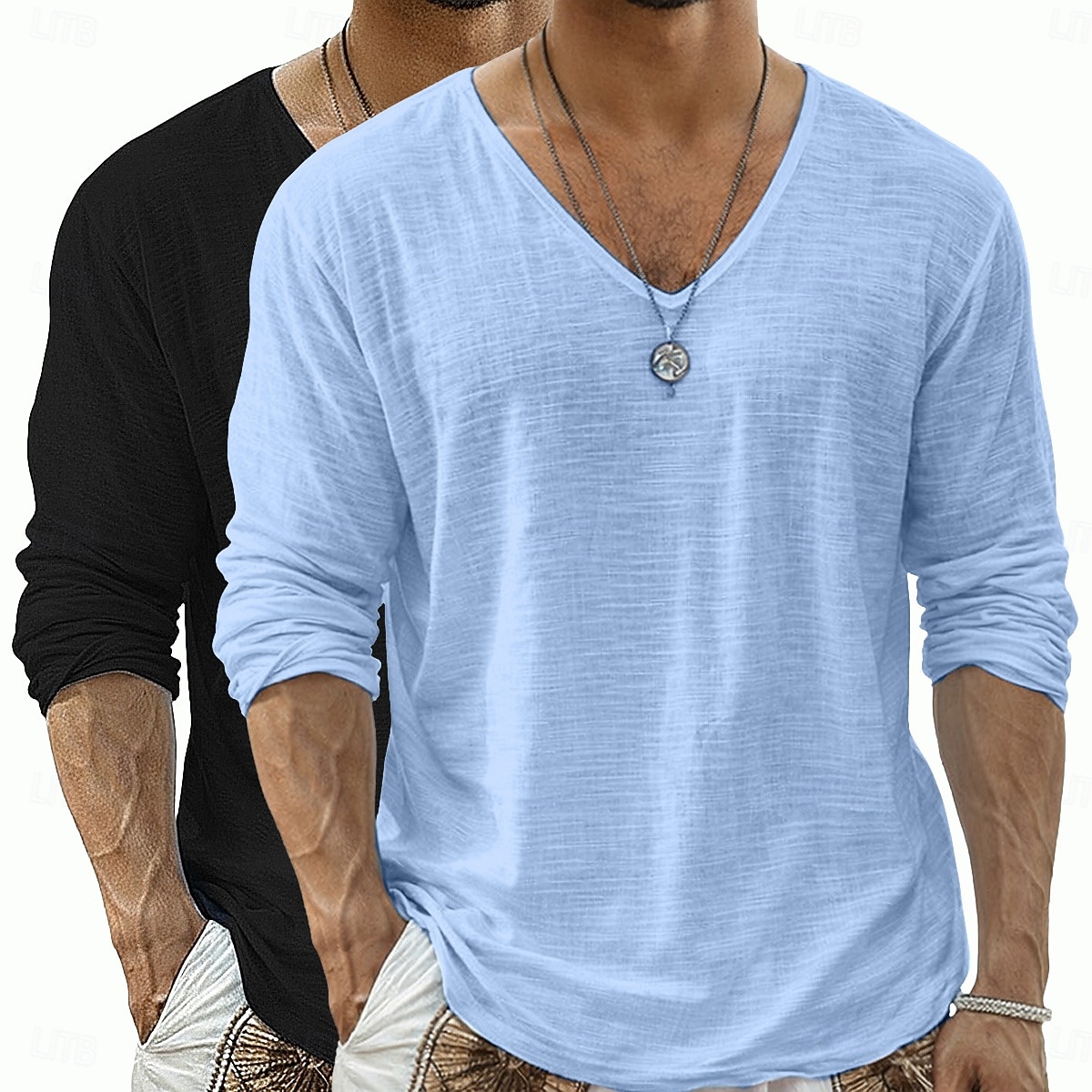 2 st herrtröja i linne med lång ärm, v-ringning, sommar, vår, vår &sommar enfärgad enfärgad daglig avslappnad gatustil 2-delad enfärgad flerpack avslappnad utomhus gatustil rosa lila rosa grön topp 2026 - $34.99 –P9