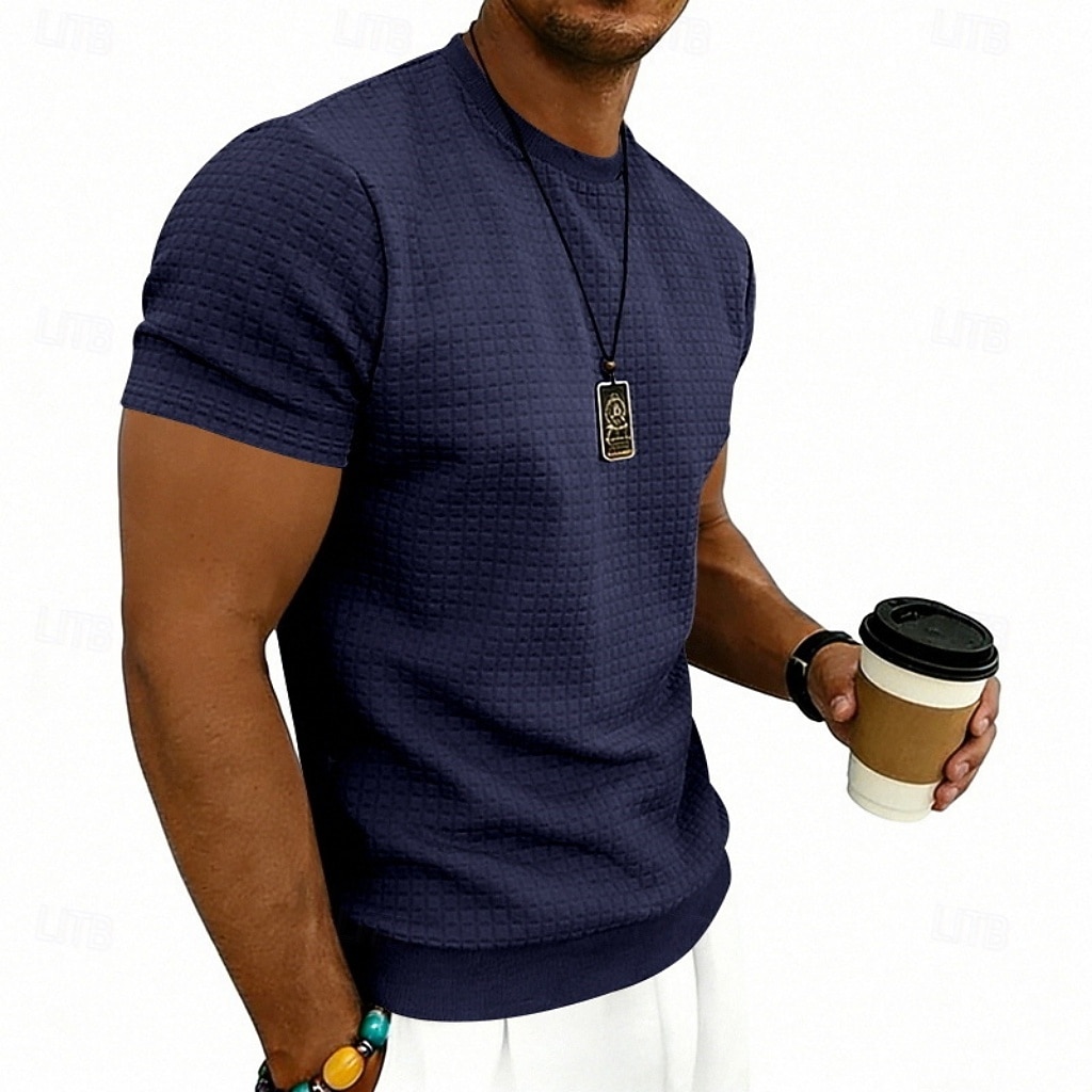 Herre Vaffel T-skjorte T skjorte Kortermet skjorte T-skjorte Kortermet Crew-hals Sommer Vår Helfarge Gatemote Stilfull Sportslig Jacquard Daglig utendørs Feriereise Hvit Svart Mørkegrå Topp T-skjorte 2026 - $20.99 –P19