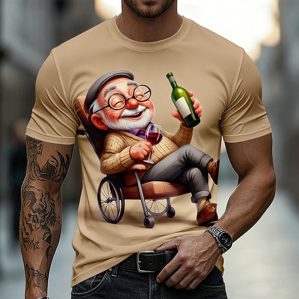 Camiseta con estampado de un anciano feliz bebiendo vino en silla de ruedas, diseño 3D, humor, cuello redondo, manga corta, regalo para fiesta de jubilación, para abuelo amante del vino, ropa de 2026 - $18.99 –P1