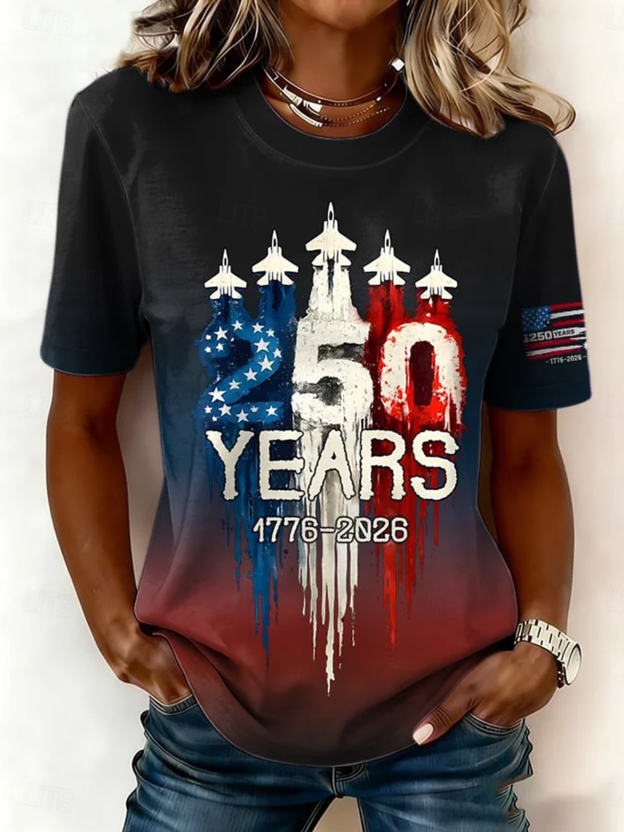 Amerikanischer Unabhängigkeitstag Damen T Shirt Druck Grafik Amerikanische Flagge Mode Stilvoll Klassisch Kurzarm Rundhalsausschnitt Normale Oberteile Lässig Täglich Blau Rote Sommer Frühling 2026 - $21.99 –P2