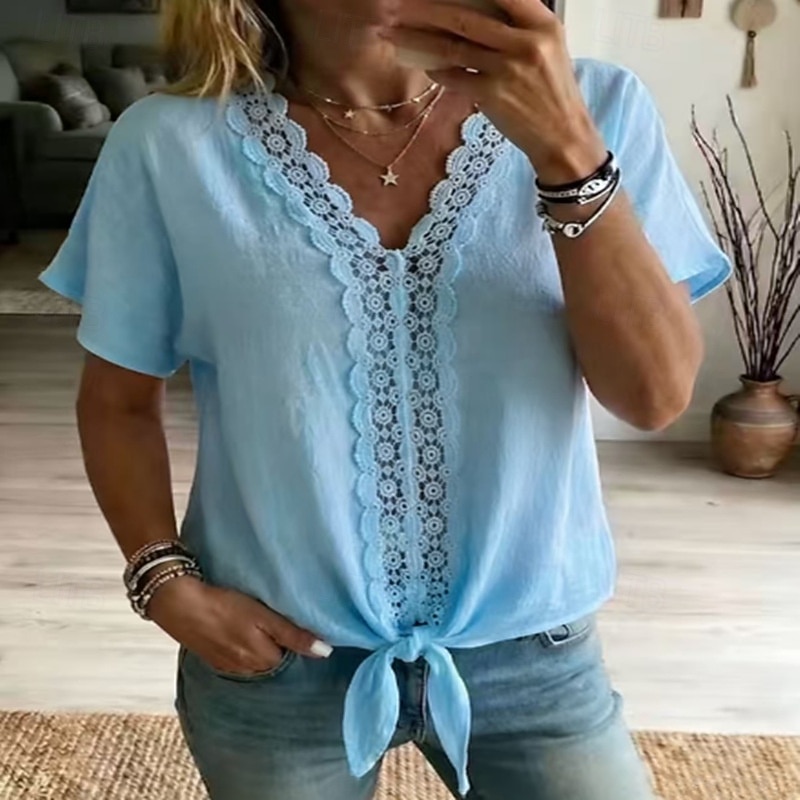 Women's Shirt Blouse Patchwork Lace Trim Fashion Casual Beach Sleeveless V Neck Regular Tops Casual White Pink Sky Blue Dark Blue Summer 2026 - $23.99 –P2