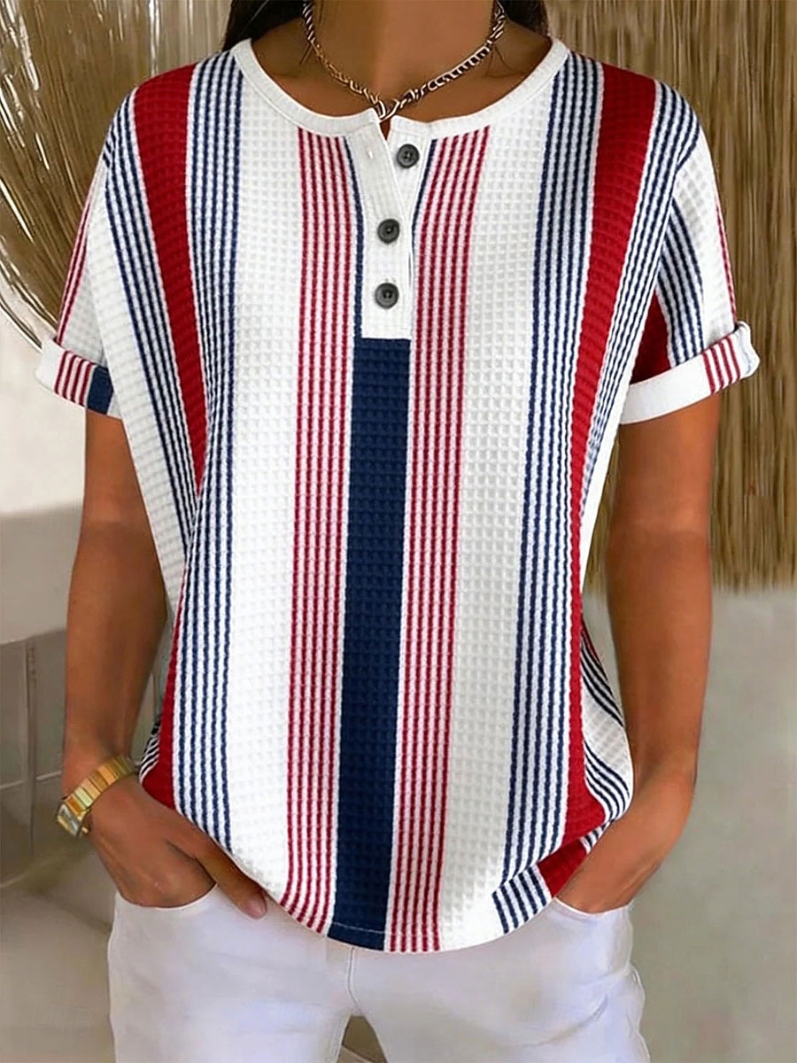 Per donna Top a maglia con texture Maglietta Blocco di colore Grafico Geometria Elegante Classico Manica Corta Girocollo Henley Top lunghi Quotidiano Sportivo Blu Rosso Viola Verde Estate Primavera del 2026 a $21.99 –P1