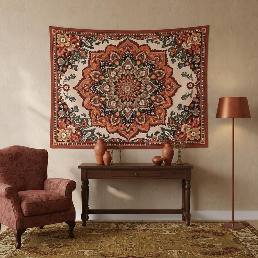 Tapiserie de perete cu mandala boho, semilună, noapte înstelată, floare, agățat de perete, portocaliu ars, hippie, artă psihedelică, poster mare din material textil, pentru dormitor, cămin, living, 2026 - $20.99 –P6