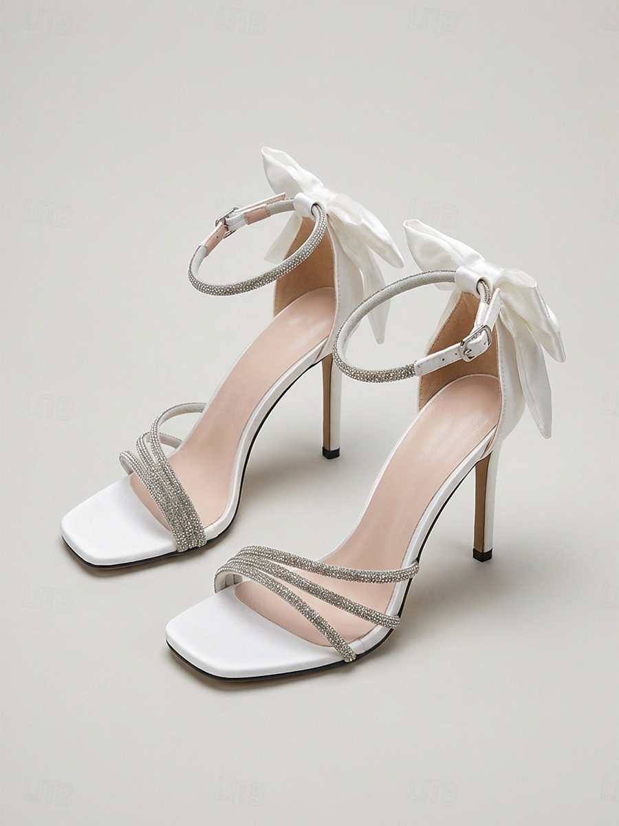 Sandali da sposa da donna bianchi con strass, sandali con tacco a spillo a punta aperta e cinturino alla caviglia con fiocco per matrimonio e cerimonia. &ricevimento del 2026 a $42.99 –P4