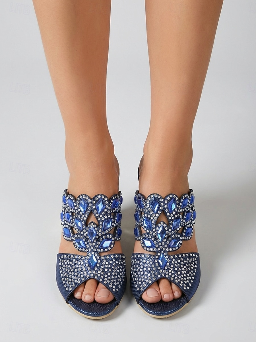 Sandalias de cuña azules adornadas para mujer, zapatos elegantes sin cordones con punta abierta para la madre de la novia, boda en el jardín &eventos formales 2026 - $64.99 –P3