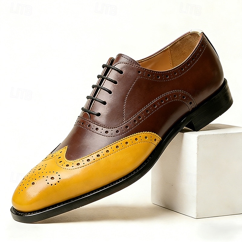 Men's Yellow and Green Wingtip Oxford Shoes with Brogue Detail and Colorblock Design, Vintage Statement Dress Shoes for Stylish Men, Ideal for Weddings, Parties, Banquets and Fashion Events 2026 - $94.99 –P5