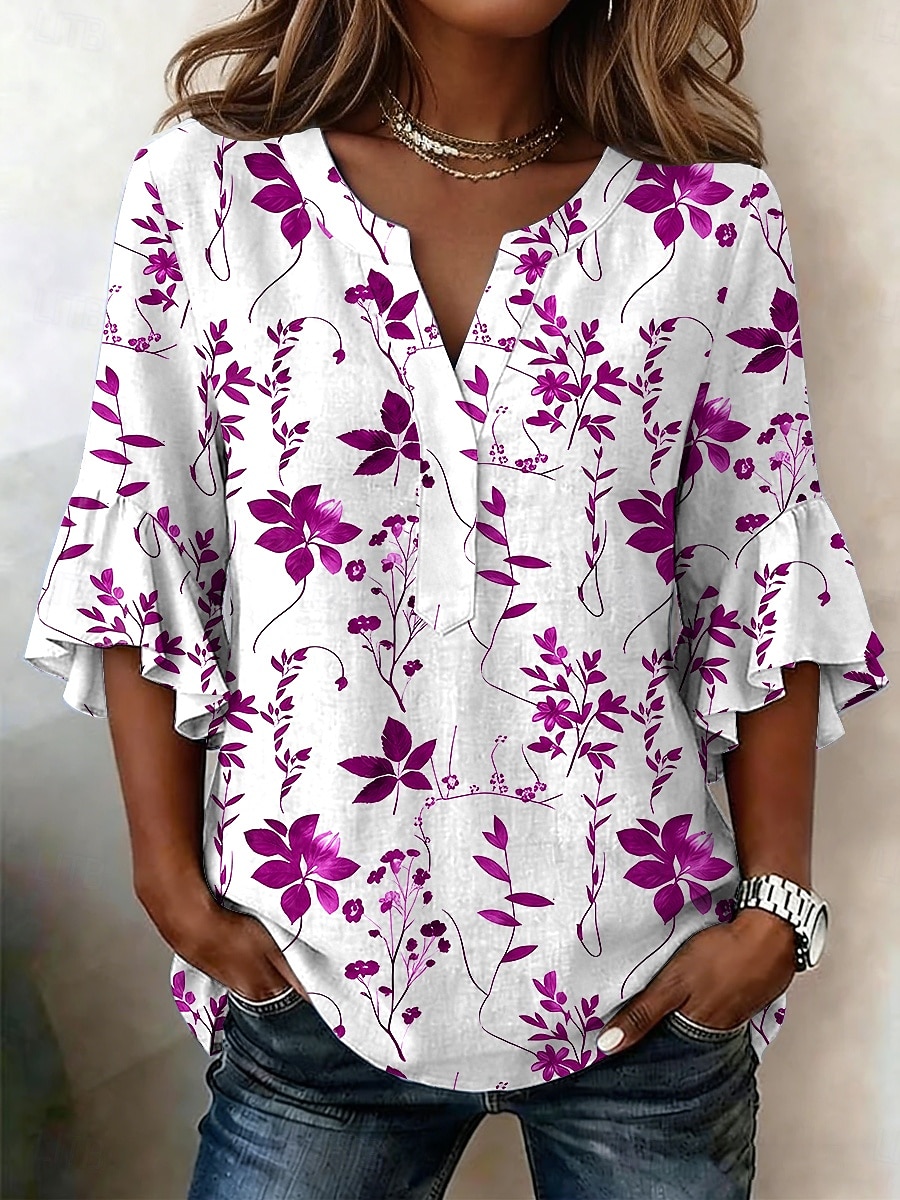 Mulheres Blusa Frufru Imprimir Floral Gráfico Férias Diário Retro Vintage Manga 3/4 Decote V Tops longos Casual Diário Feriado Azul Vermelho Roxo Verde Verão Primavera de 2026 por $26.99 –P2