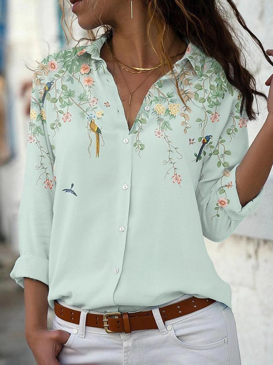 Women's Shirt Blouse Patchwork Buttons Floral Graphic Elegant Vacation Stylish Long Sleeve Shirt Collar Regular Tops Daily Holiday Going out Blue Pink Green Summer Spring 2026 - $29.99 –P2