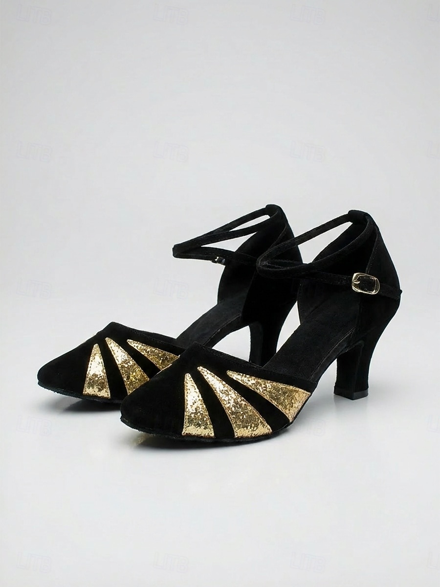 Zapatos de tacón de ante negro estilo Gran Gatsby de los años 20 para mujer: elegantes zapatos de salón rojos con purpurina y estampado de rayos de sol, con correa en el tobillo, ideales para fiestas 2026 - $34.99 –P5