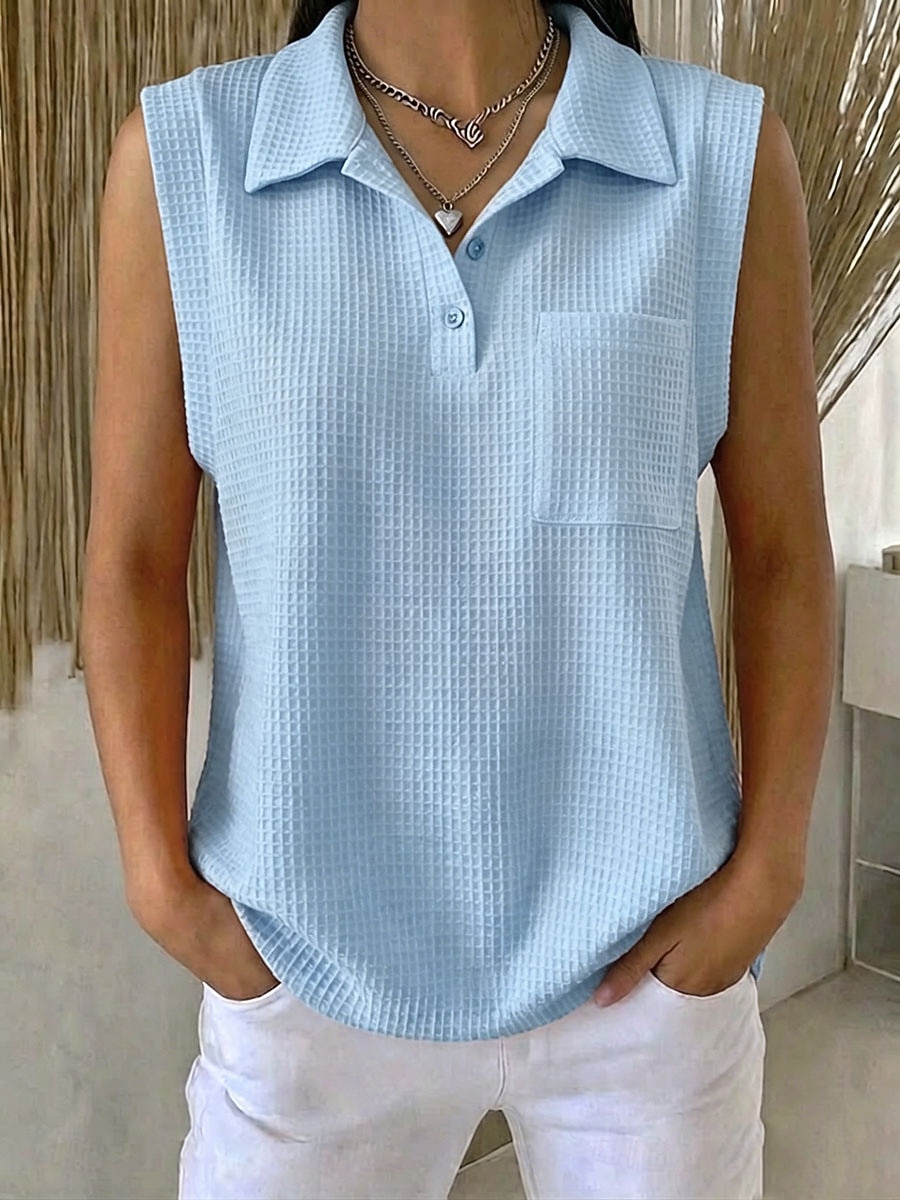 Damen Waffel-Tanktop Poloshirts T-Shirt Tasche Stilvoll Klassisch Ärmellos Hemdkragen Normale Oberteile Lässig Strand Wochenende Blau Schwarz Rosa Rote Sommer Frühling 2026 - $27.99 –P2