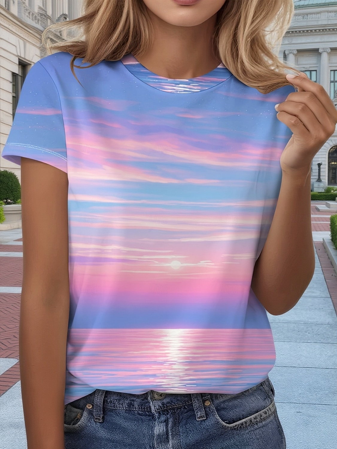 Femmes T-shirt Imprimé A Ombre Graphique Bohème Hawaïen Élégant Manche Courte Col ras du cou Hauts Réguliers Quotidien Bleu Rose Claire Violet Été Printemps de 2026 ? $21.99 –P1