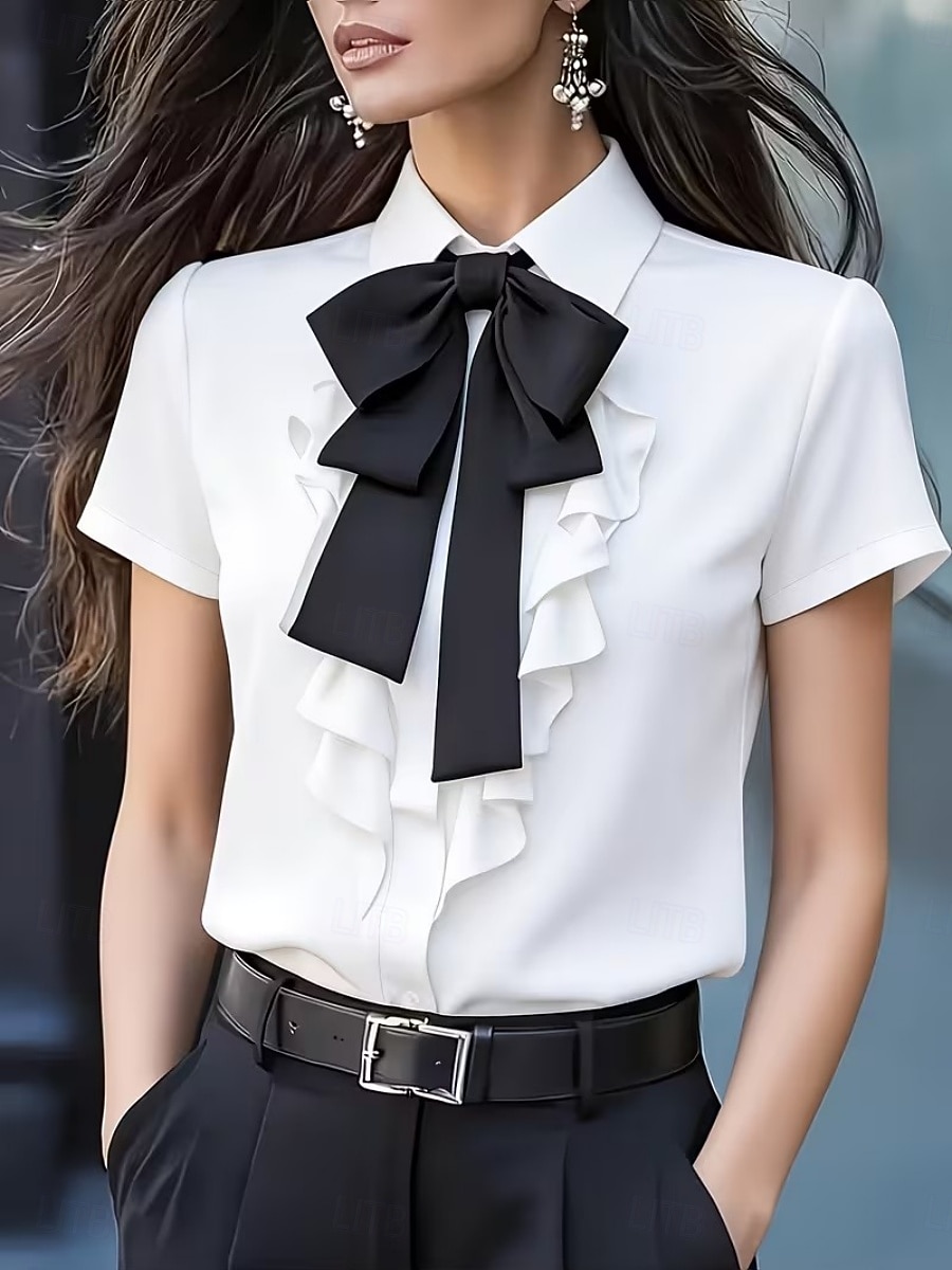 Per donna Camicia Blusa Camicia con volant Volant Fiocco Tinta unica Elegante Essenziale Classico Manica Corta Colletto a Camicia Top Regolari Quotidiano Ferie Uscire Nero Bianco Giallo Rosso Estate del 2026 a $28.99 –P1