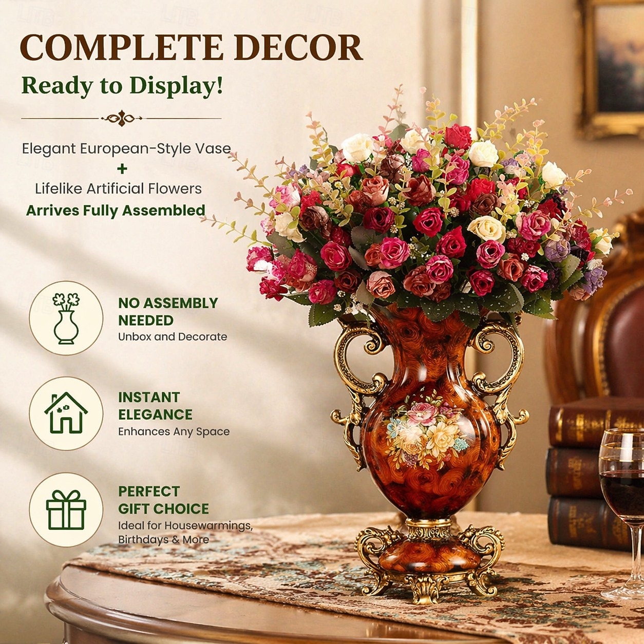 europeisk kunstig vintage blomsteroppsats vasesett gyllen harpiksvase falsk blomst, luksuriøs europeisk stil hjemmeinnredning, bordblomsteroppsats for stue, kontor, hotell, inngangsparti 2026 - $79.99 –P3