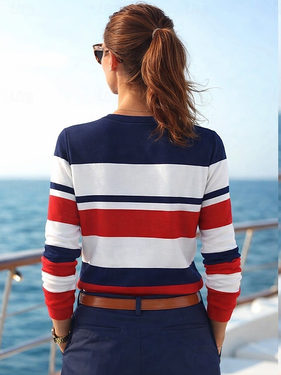 Femmes T-shirt Imprimé Rayé Graphique Géométrique Océan ancien Mode Élégant manche longue Col ras du cou Hauts Réguliers Quotidien bleu marine Été Printemps de 2026 ? $24.99 –P2