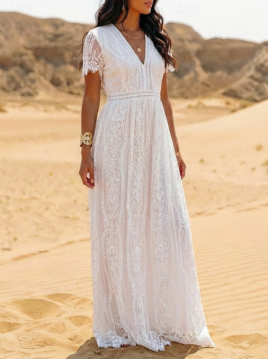 Dámské Maxi šaty Boho šaty Krajkové šaty Bílé šaty Letní šaty Elegantní Módní Plážové Dovolená Běžný Bez vzoru Krátký rukáv Do V Bílá Léto Jaro 2026 - $45.99 –P2