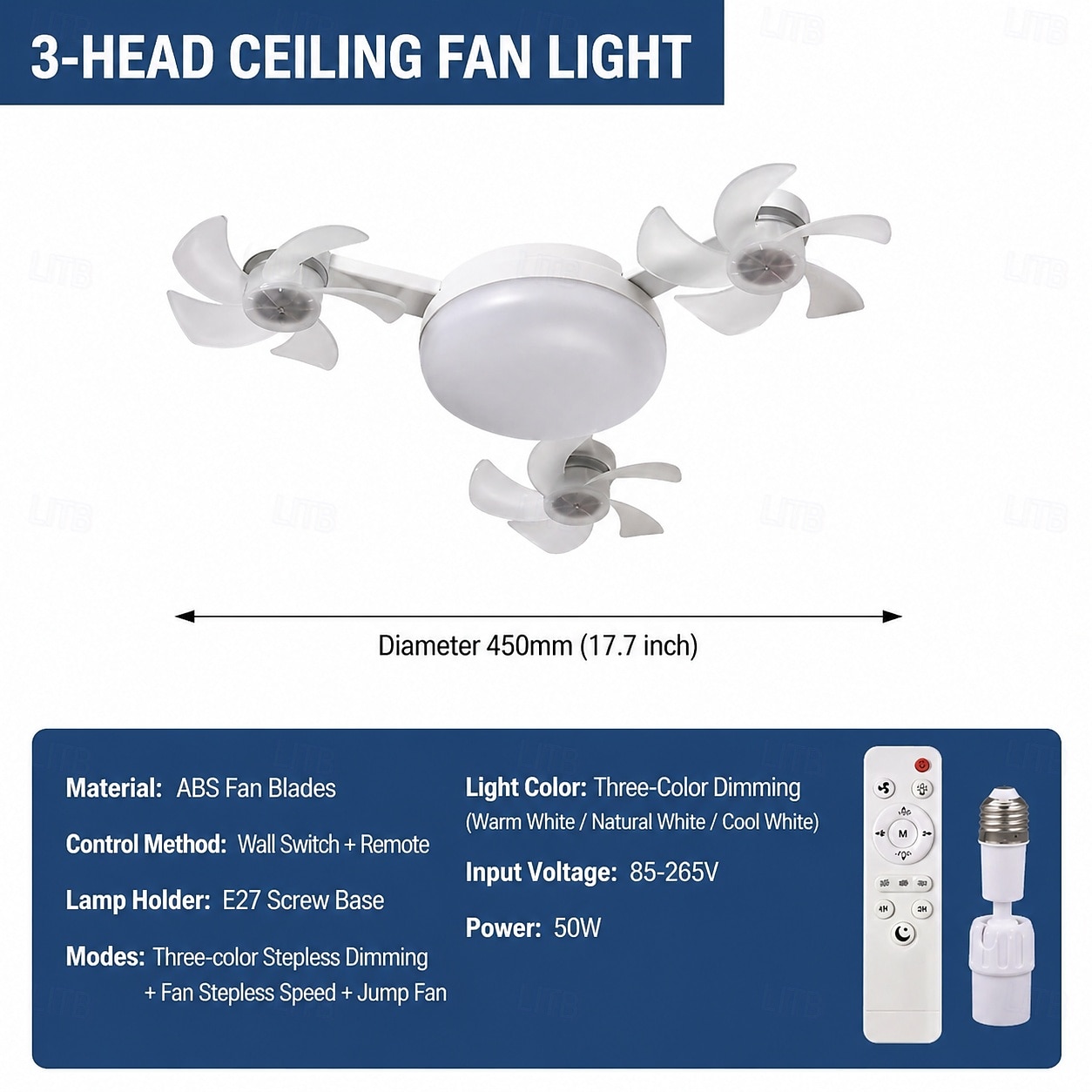 Ceiling Fan with Light, Remote Control 3 Speeds 3 Colors 2 Timers Quiet Motor E26 E27 Bulbs, with Foldable Blades, for Living Room Bedroom 2026 - $38.39 –P3