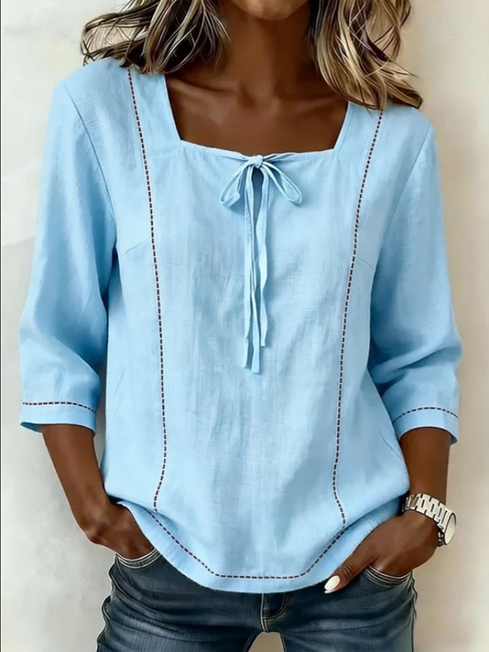 Damen Hemd Bluse Einfach Gestreift Stilvoll Klassisch Modern Dreiviertelarm Quadrathals Lange Oberteile Lässig Täglich Strand Weiß Gelb Marineblau Himmelblau Aprikose Sommer Frühling 2026 - $12.99 –P10