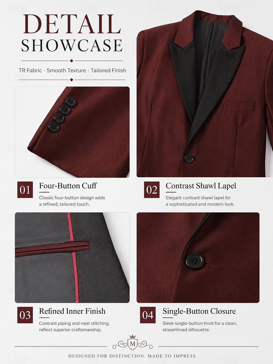Dreiteiliger Herren-Smoking in Burgunderrot, Slim Fit – ideal für Hochzeiten, Abschlussbälle und Dinnerpartys. Bestehend aus einem einreihigen Blazer mit Schalkragen, Weste und Hose. Erhältlich in Schwarz, Blau und Grün. 2026 - $129.99 –P2