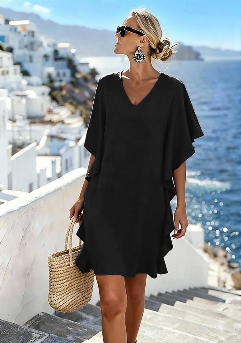 Damen Knielanges Kleid Shiftkleid Freizeitkleid Jeanskleid Mode Klassisch Täglich Outdoor Urlaub Lässiger Schnitt Einfach Kurzarm V Ausschnitt Magenta Schwarz Braun Khaki Sommer Frühling 2026 - $24.99 –P3