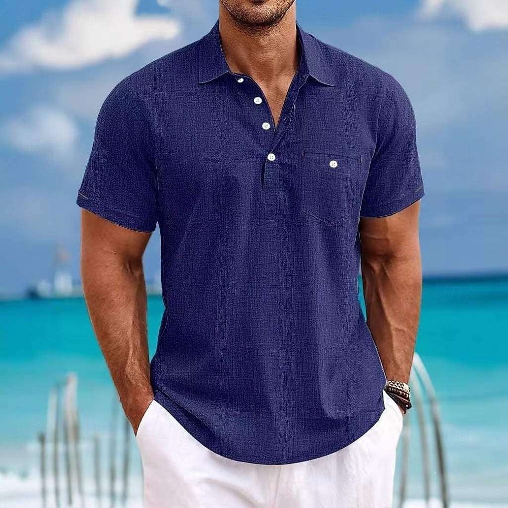 Per uomo Polo Camicie di lino Casuale Streetwear Bavero Manica Corta Essenziale Moderno Semplice Leggero Bottoni Estate Primavera Vestibilità regolare Nero Bianco Verde Blu scuro Azzurro Polo del 2026 a $26.99 –P4