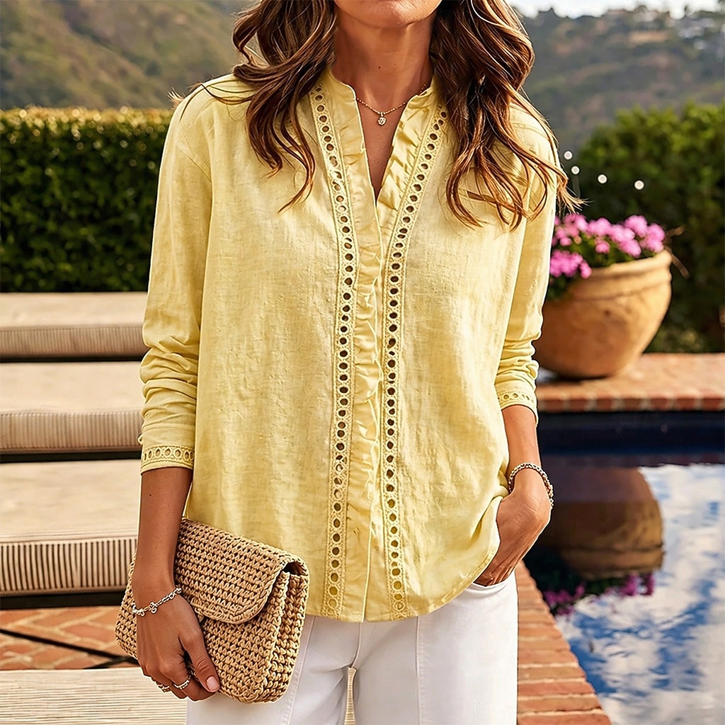 Mujer Camisa Camisa casual Abotonar la camisa Lino de algodón sintético Volante Ojal Botones Color sólido Plano Vacaciones Moda Diario Manga Larga Escote en Pico Tops regulares Ropa de calle Playa 2026 - $32.99 –P1