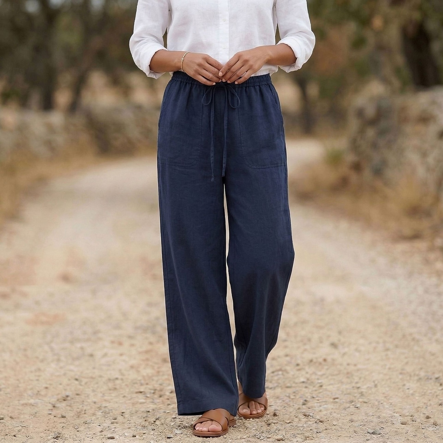 Damen Baumwollleinen Weites Bein Urlaub Basic Volle Länge Hohe Taille Einfach Bequem Unelastisch Täglich Hanf weiß Marineblau Purpur Sommer Frühling Lässiger Schnitt 2026 - $33.99 –P8
