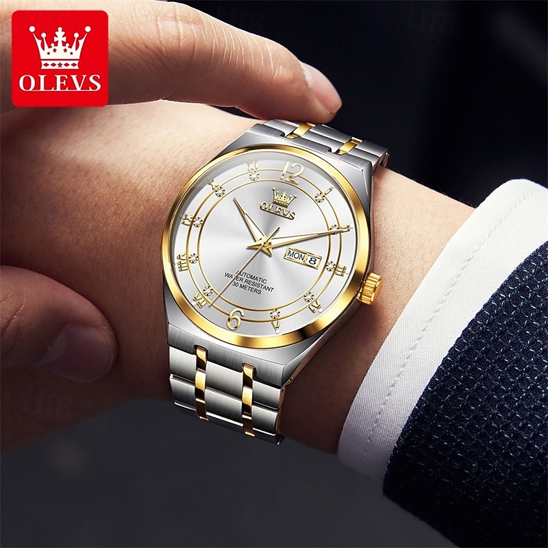Men's Automatic Watch - Luxury Two-Tone Gold Stainless Steel Business Self Winding Wristwatch with Day Date, Waterproof Luminous Analog Dress Watch, Elegant Present for Husband Dad Son 2026 - $98.99 –P14
