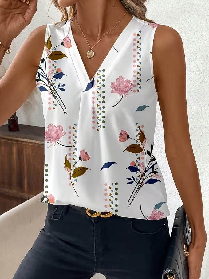 Women's Tank Top Floral Graphic Plants Elegant Vintage Stylish Sleeveless V Neck Regular Tops Beach Wedding Casual Daily White Light Pink Light Purple Orange Summer Spring 2026 - $21.99 –P1