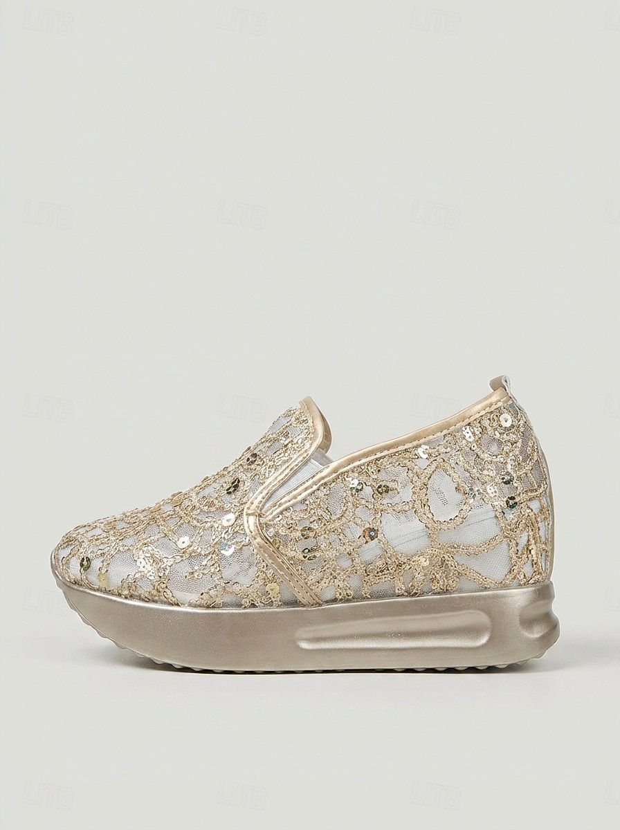 Baskets compensées blanches en dentelle pour femme - chaussures confortables à enfiler ornées de strass, idéales pour un mariage champêtre. de 2026 ? $32.99 –P6