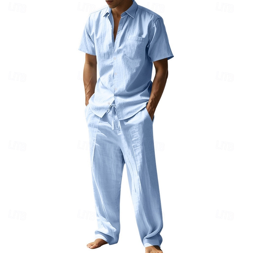 Per uomo Camicia di lino Due pezzi Set Camicia E Pantaloni di Lino Pantaloni Pantaloni casual Impostare Semplice Quotidiano All'aperto Vacanza Collo ripiegato Manica Corta Estate Moda Casual del 2026 a $36.99 –P13
