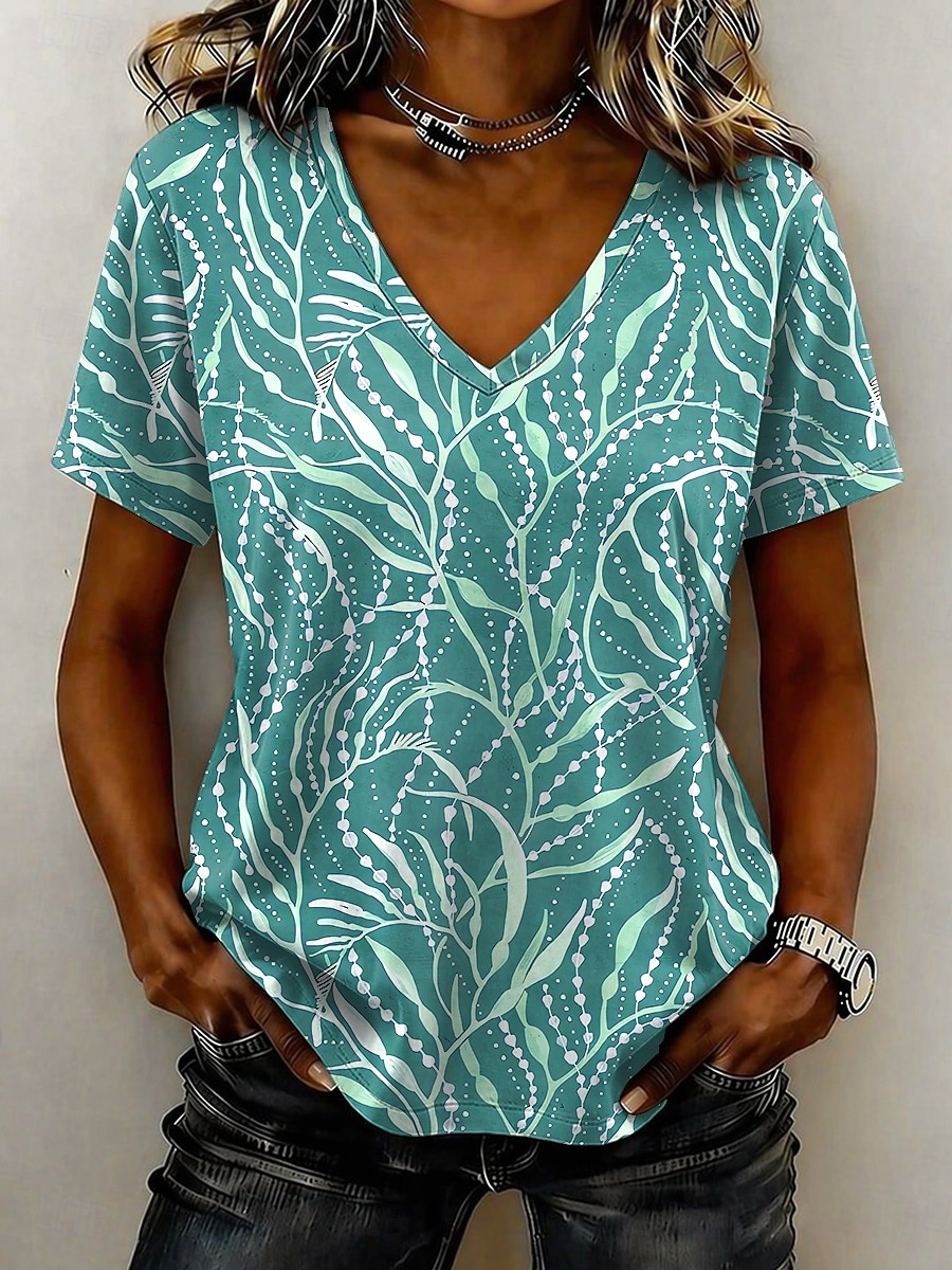 Mujer Camiseta Estampado Graphic Plantas Abstracto Elegante Clásico Casual Manga Corta Escote en Pico Tops regulares Casual Diario Rojo Morado Verde Trébol Gris Verano Primavera 2026 - $8.49 –P1
