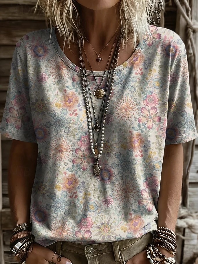 Women's T Shirt Print Floral Graphic Plants Vintage Stylish Casual Short Sleeve V Neck Regular Tops Casual Daily Weekend Blue White-Blue Light Beige Beige Summer Spring 2026 - $21.99 –P4