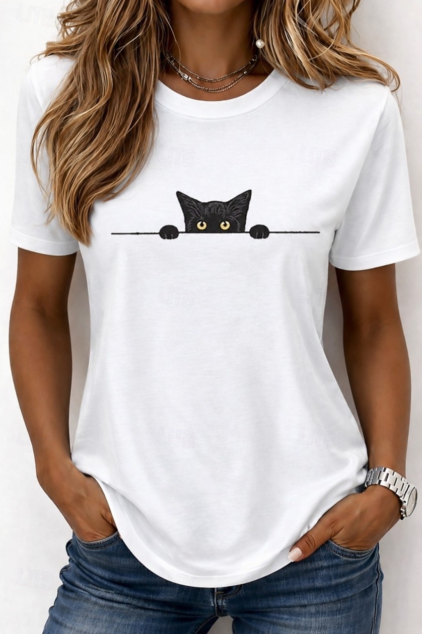 Per donna Maglietta Stampato Grafico Animale Gatto Vintage Elegante Classico Manica Corta Girocollo Top Regolari Casuale Quotidiano Weekend Bianco e nero Bianco Rosso Estate Primavera Autunno Inverno del 2026 a $21.99 –P1