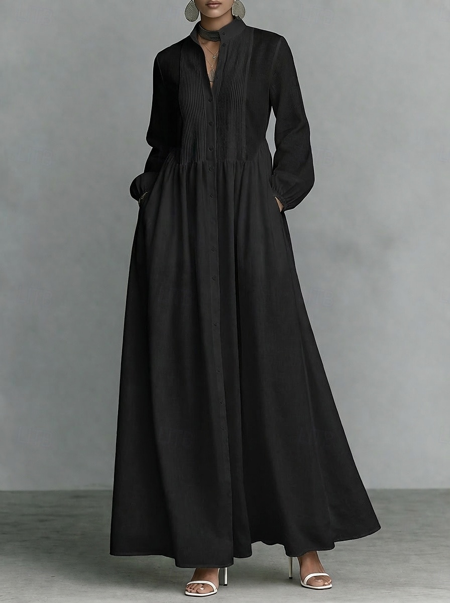 Жен. Длинное платье Платье-рубашка Белое платье Платье на выпускной Элегантный стиль Мода Современное на открытом воздухе Отпуск На выход Стандартный Полотняное плетение Длинный рукав Вырез под горло 2026 - NZ $76.09 –P9