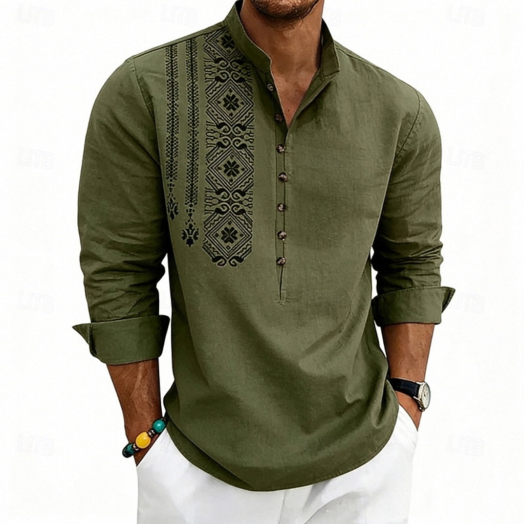 Men's Shirt Linen Shirt Popover Shirt Summer Shirt Beach Shirt Geometric Casual Vacation Black White Pink Navy Blue Long Sleeve Stand Collar Summer Spring Clothing Apparel Buttons 2026 - $25.99 –P20
