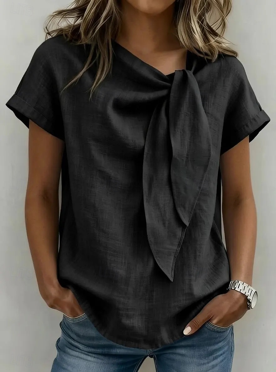 dame t-skjorte med linfølelse ensfarget klassisk avslappet korte ermer rund hals vanlig topper avslappet daglig helg svart gul rød khaki sommer vår 2026 - $25.99 –P5