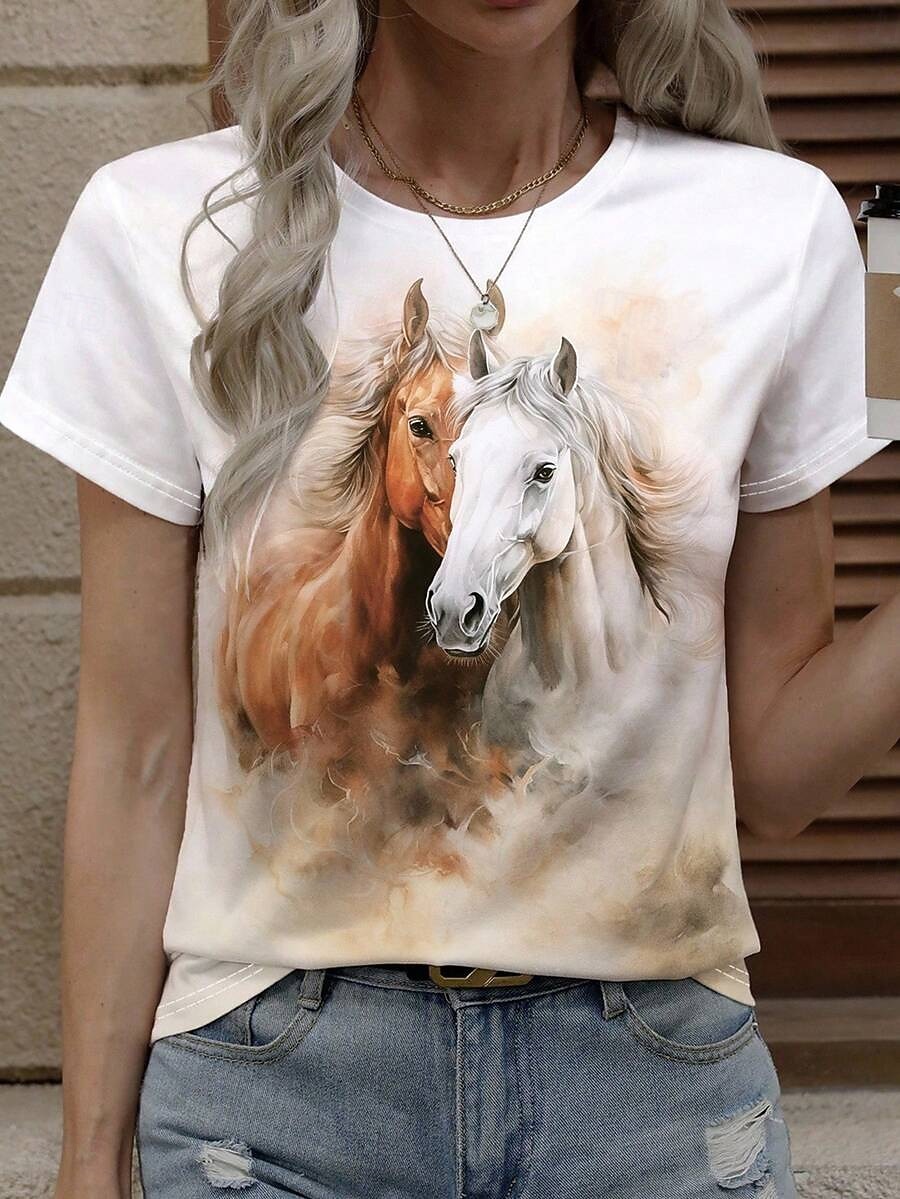 Women's T Shirt Print Graphic Animal Horse Stylish Classic Casual Short Sleeve Crew Neck Round Neck Regular Tops Daily White Yellow Pink Summer Spring 2026 - $22.99 –P2