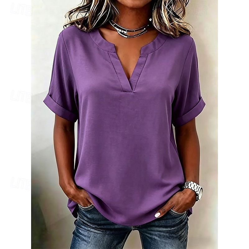 Mujer Blusa Color sólido Vintage Elegante Básico Manga Corta Escote en Pico Tops regulares Casual Diario Blanco Rosa Rojo Morado Verano Primavera 2026 - $26.99 –P8