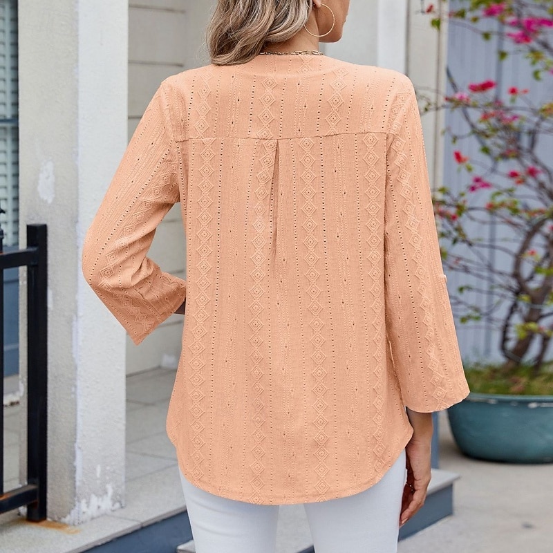 Women's Texture Blouse Eyelet Top Pointelle Tee T Shirt Eyelet Striped Fashion Classic Casual Long Sleeve V Neck Regular Tops Casual Daily Beach Black White Navy Blue Sky Blue Orange Summer Spring 2026 - $28.99 –P3