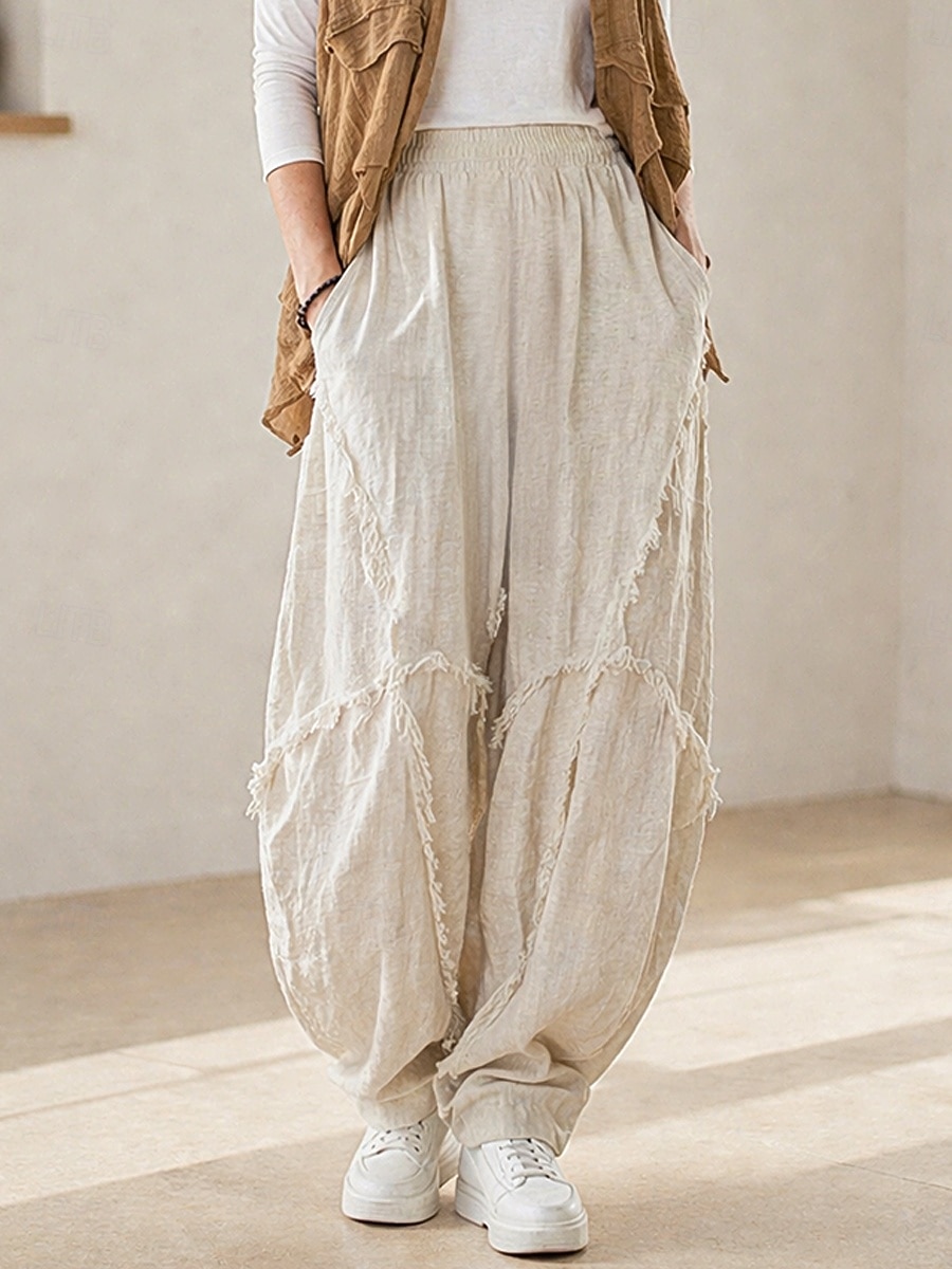 70% Linen Women's Linen Pants Chinos Summer Pants Bloomers Vacation Streetwear Basic Full Length Medium Waist Plain Pocket Elastic Waistband Inelastic Daily Outdoor rice white Coffee Fall Winter 2026 - $52.99 –P4