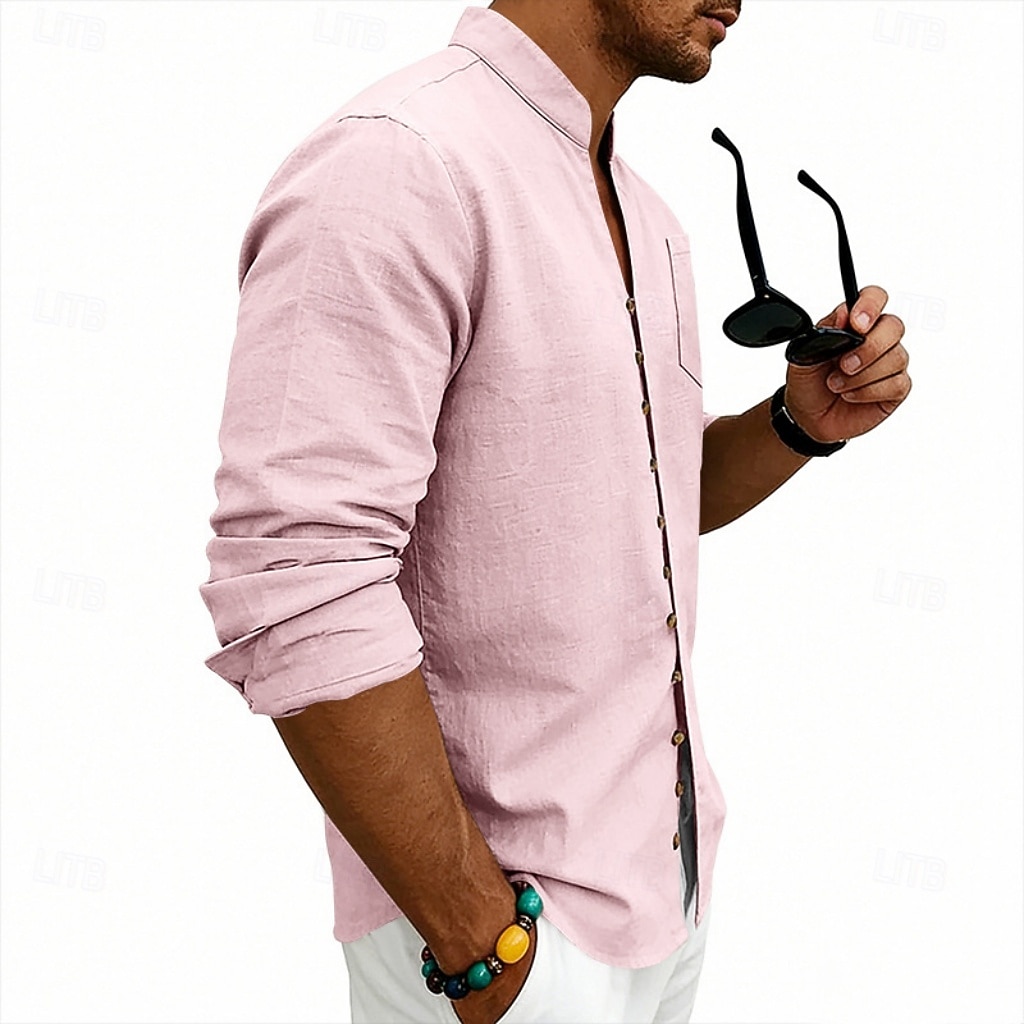 Homens Camisa Social Camisa de linho camisa de verão camisa de praia Tecido Casual Férias Preto Branco Rosa Azul Marinha Manga Longa Faixa Verão Primavera Roupa Bolsos de 2026 por $25.99 –P2