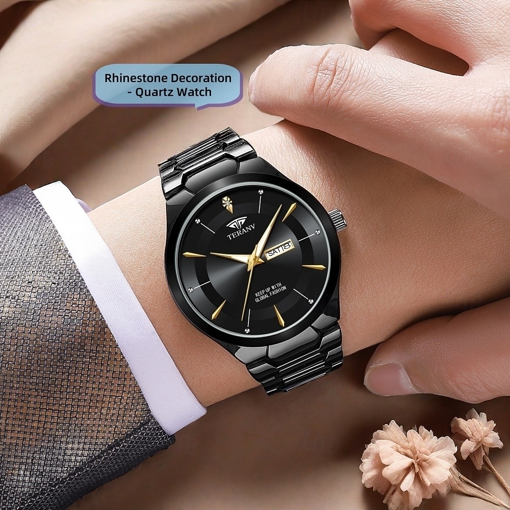 Men's Watch Luxury Two-Tone Gold Silver Stainless Steel Bracelet, Black Dial Day Date Waterproof Quartz Wristwatch, Fashion Business Dress Watch, Gift for Men on Wedding or Anniversary 2026 - $24.99 –P3