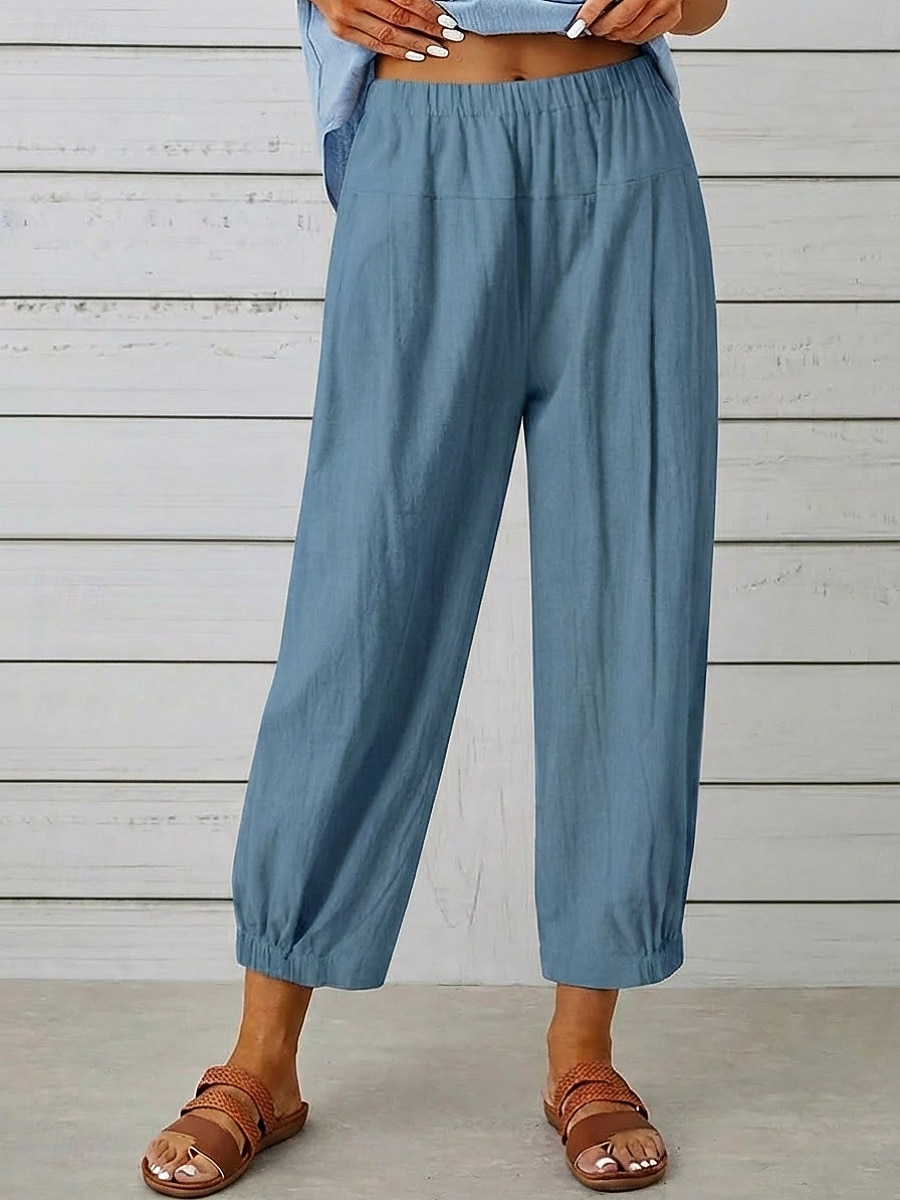 Women's Cotton Linen Pants Trousers Casual Pants Summer Pants Vacation Fashion Streetwear Ankle-Length High Waist Plain Pocket Elastic Waist Comfort Comfortable Inelastic Daily Vacation Street Black 2026 - $21.99 –P4