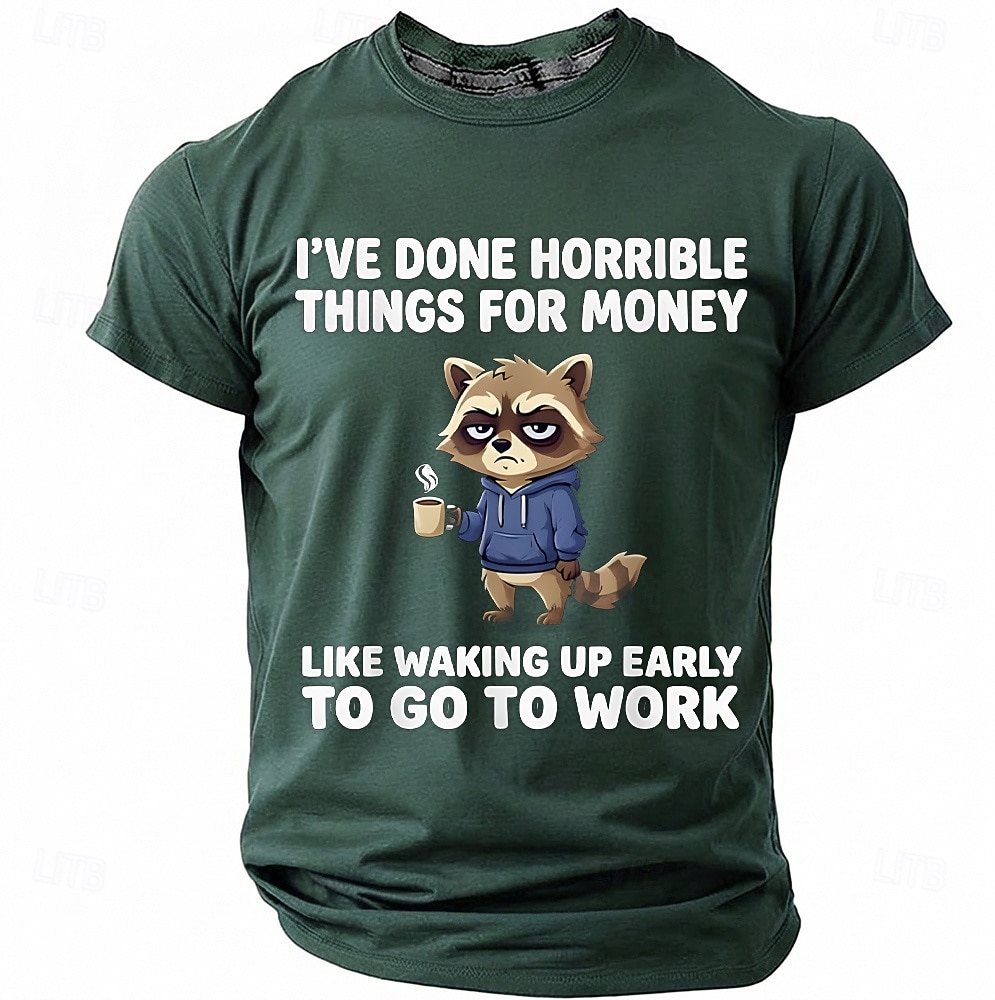 Maglietta da uomo con stampa divertente di un procione "Ho fatto cose orribili per soldi", maniche corte, girocollo, procione stanco che beve caffè, umorismo da ufficio, regalo sarcastico per del 2026 a $18.99 –P6